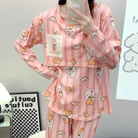 Postpartum woman lactation pajamas set autumn nursing leisurewear cartoon pregnant maternity breastfeeding tops long trousers