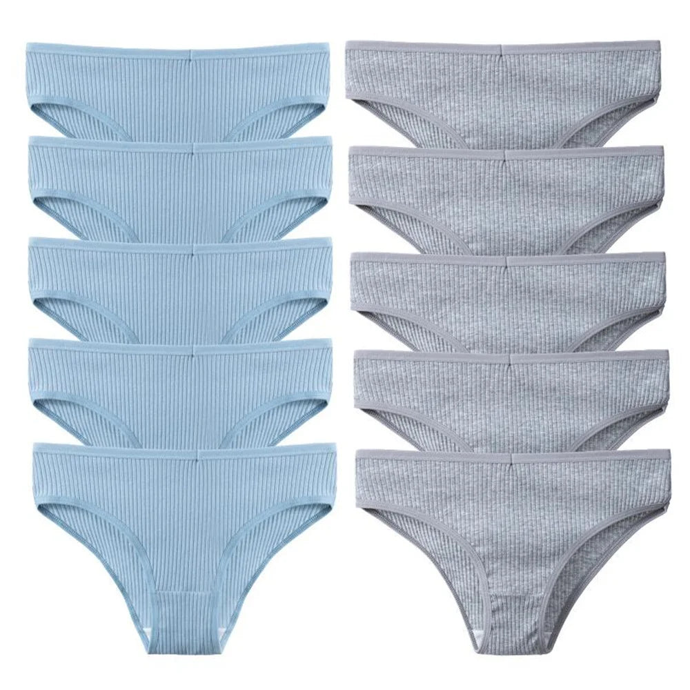 10Pcs/Pack 100% Cotton Women's Panties Comfortable Sexy Underwear Solid Color Stripe Briefs Simple Sports Underpants