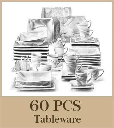 MALACASA Blance 30/60PCS Marble Grey Porcelain Tableware Dinnerware Set with Dessert/Soup/Dinner Plate/Cup/Saucer,Service for 12