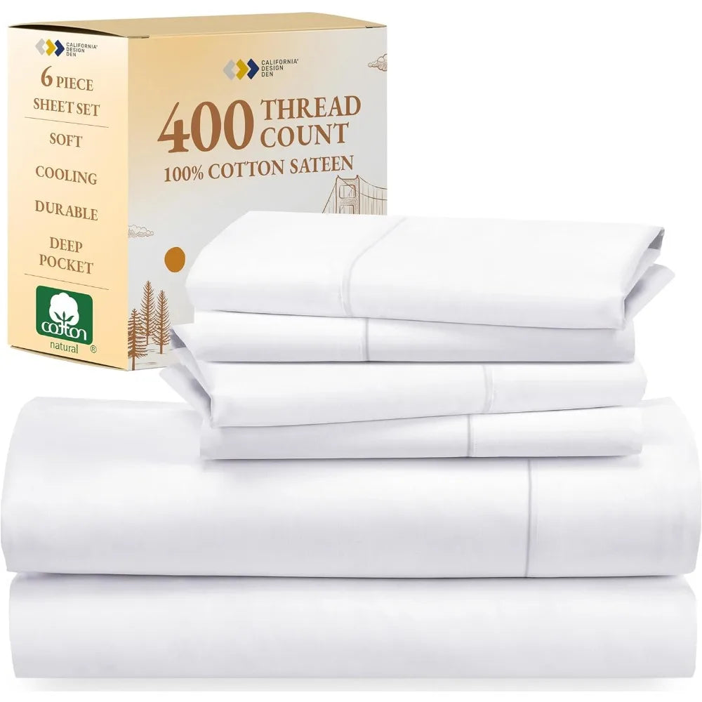 Full Sheet Set 6-Pc Queen Size Sheet Set With 4 Pillowcases - 400 Thread Count 100% Cotton Sheets Cooling Sateen Weave Sets Bed