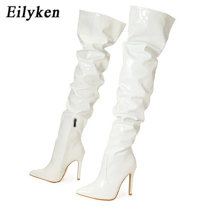 Eilyken Red Women Over The Knee Boots High Heels Patent Leather Solid Pointed Toe Stiletto Side Zipper Sapatos Femininos