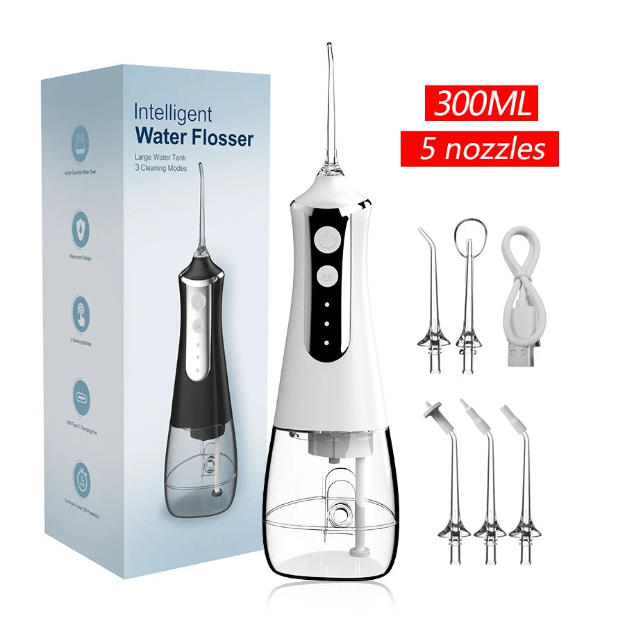 Dental Oral Irrigator Water Flosser Thread Teeth Pick Mouth Washing Machine 5 Nozzels 3 Modes USB Rechargeable 300ml Tank