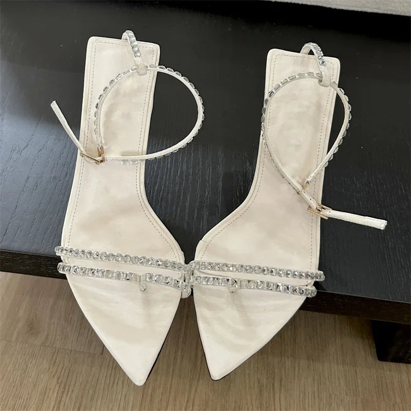 Eilyken Summer Sexy Crystal Narrow Band Buckle Strap Women Sandals Pointed Toe High Heels Banquet Party Shoes Zapatillas Mujer