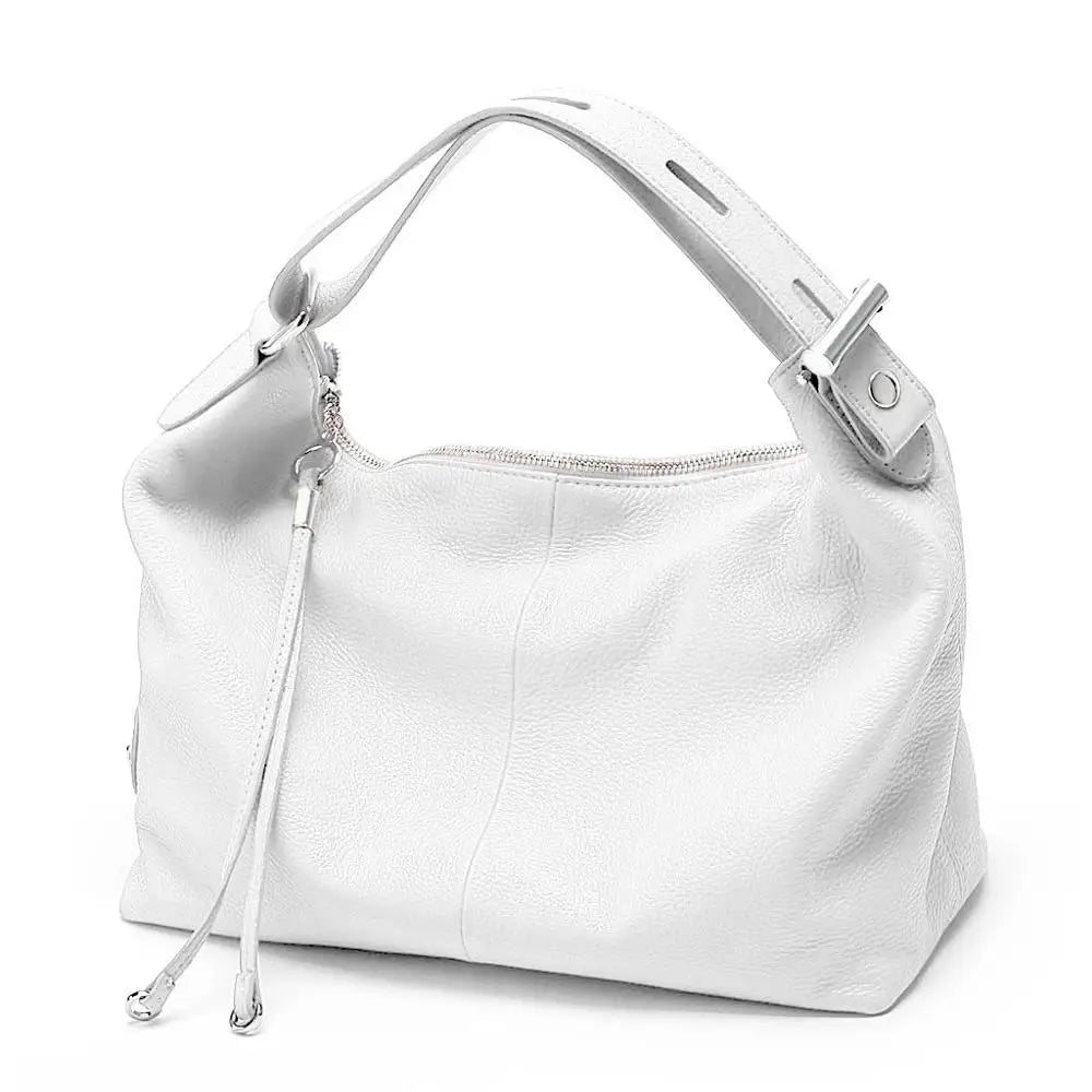 Zency 100% Genuine Leather Large Women Shoulder Bag Tote Adjustable Wide Strap White Handbag Purse Black Designer Purse