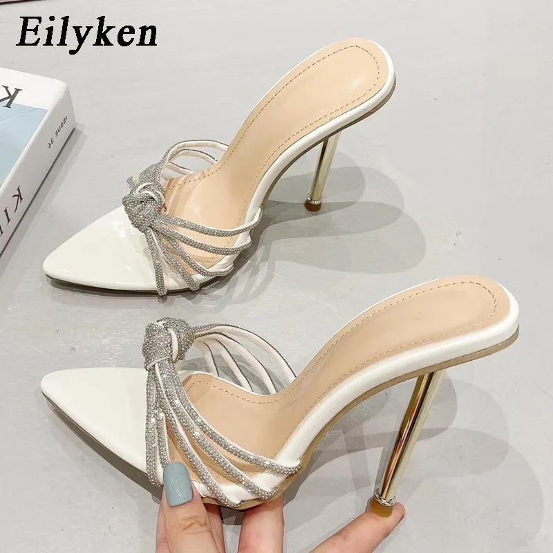 Eilyken Sexy High Heels Slipper For Women Summer Fashion CRYSTAL Narrow Band Pointed Toe Slides Party Sandal Mule Shoes