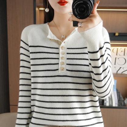 Autumn and Winter Women Striped Wool Blend Sweater O-Neck Sailor Pullover Cashmere Sweater Slim Knitted Warm Base Shirt