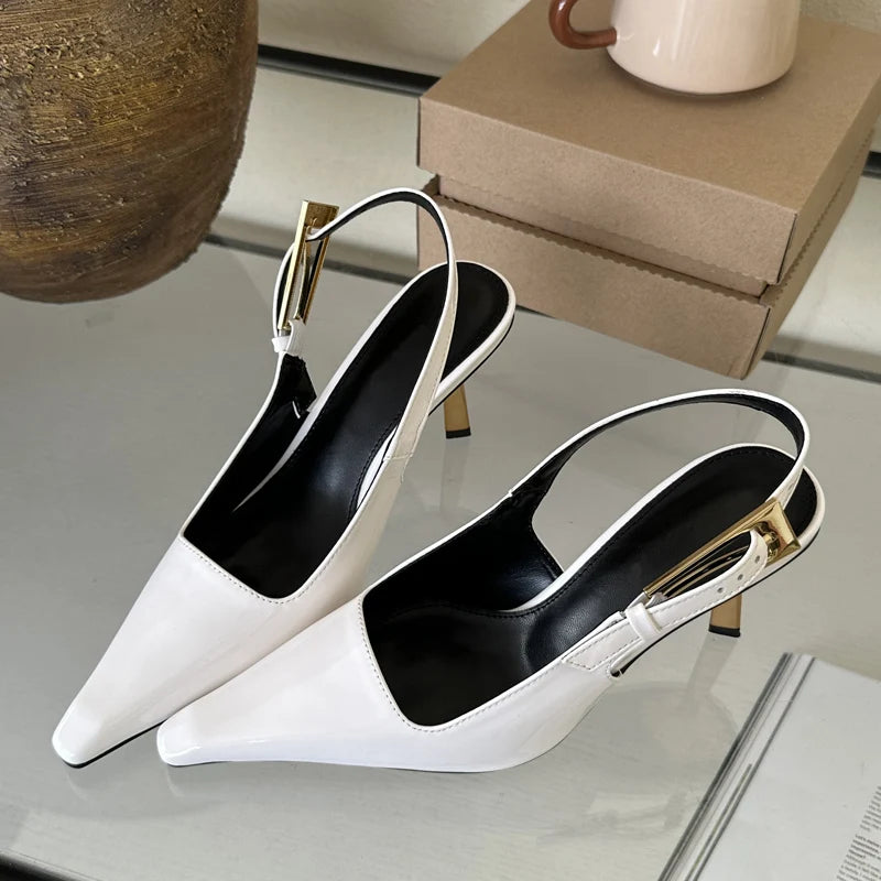 Eilyken Street Style Sexy Pointed Toe Metal Buckle Strap Women Pumps Sandals Slingback High Heels Female Shoes