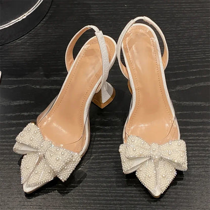 Eilyken Spring Butterfly-knot PVC Transparent String Bead Women Pumps Sandals Fashion Pointed Toe Party High Heels Mule Shoes