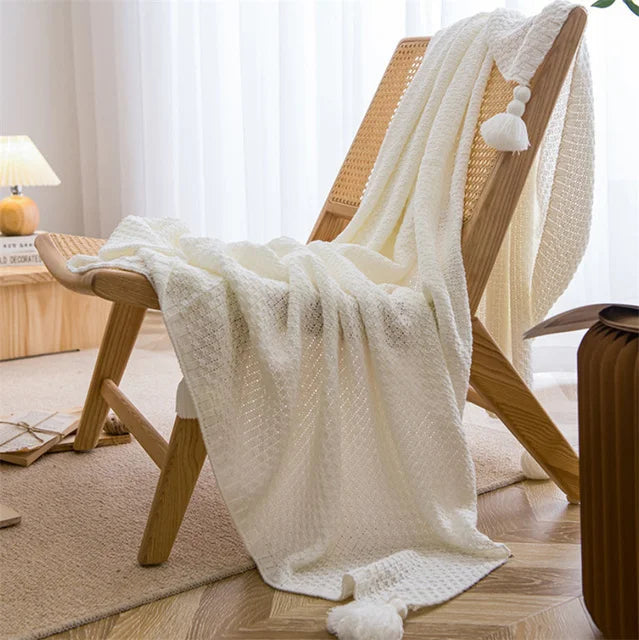 Nordic Blankets for Bed Sofa Couch Chunky Knit Bedspread Knitted Throw Blanket with Tassel Plain Color Waffle Embossed Blanket