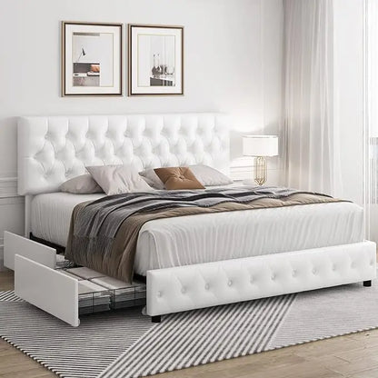 Queen Size Bed, with 4 Storage Drawers, Faux Leather Platform Bed, Solid Wood Slat Support, Modern Upholstered Bed