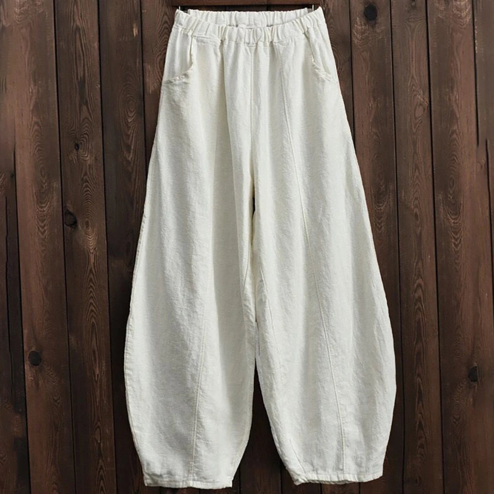 Spring Summer Cotton Linen Style Bloomers Wide Leg Pants Women Vintage Full Length Elegent Pants Solid Elasitic Waist S-5XL