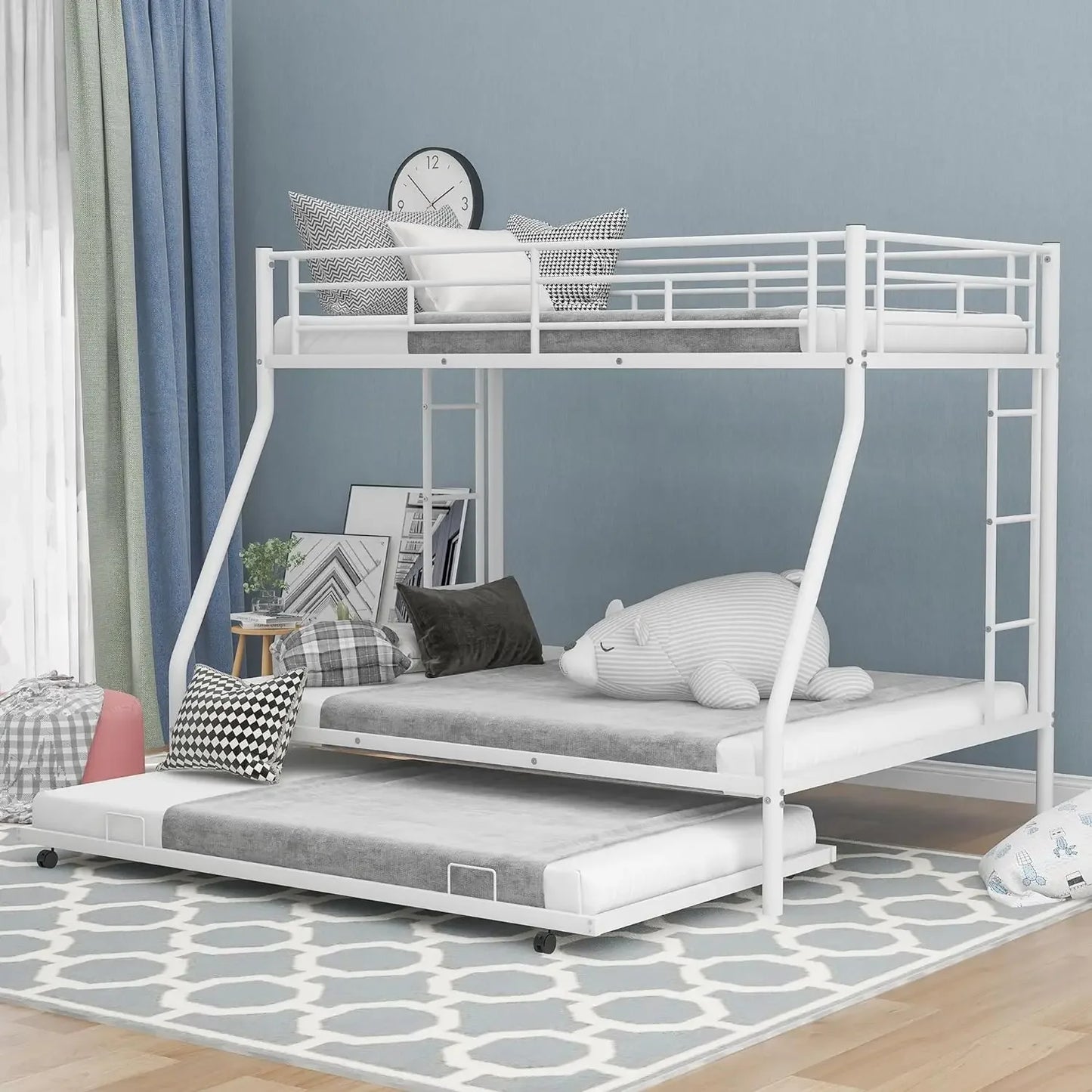 Twin over Full Bunk Bed with Trundle,Triple Bunk Beds with 2 Ladders&Full-Length Guardrail,No Box Spring Needed,Noise Free,Black