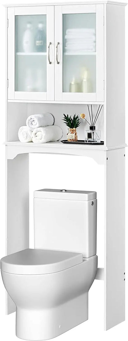 Over The Toilet Storage Cabinet with Double Tempered Glass Doors and Adjustable Shelf, Freestanding Bathroom Storage Rack