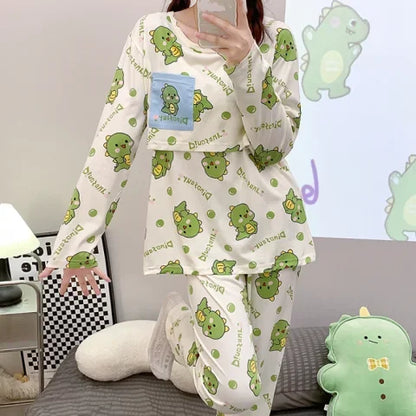 Postpartum woman lactation pajamas set autumn nursing leisurewear cartoon pregnant maternity breastfeeding tops long trousers