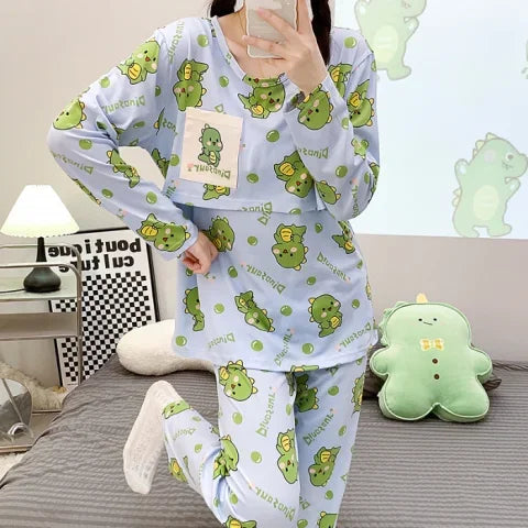 Postpartum woman lactation pajamas set autumn nursing leisurewear cartoon pregnant maternity breastfeeding tops long trousers