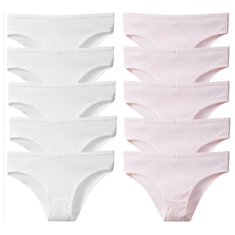 10Pcs/Pack 100% Cotton Women's Panties Comfortable Sexy Underwear Solid Color Stripe Briefs Simple Sports Underpants