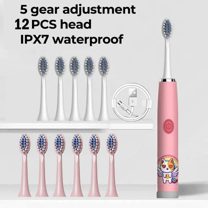 Children Electric Toothbrush Cartoon Kids With Replacement Head Ultrasonic IPX7 Waterproof Rechargeable Sonic Toothbrush