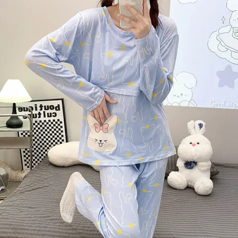 Postpartum woman lactation pajamas set autumn nursing leisurewear cartoon pregnant maternity breastfeeding tops long trousers