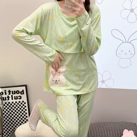 Postpartum woman lactation pajamas set autumn nursing leisurewear cartoon pregnant maternity breastfeeding tops long trousers