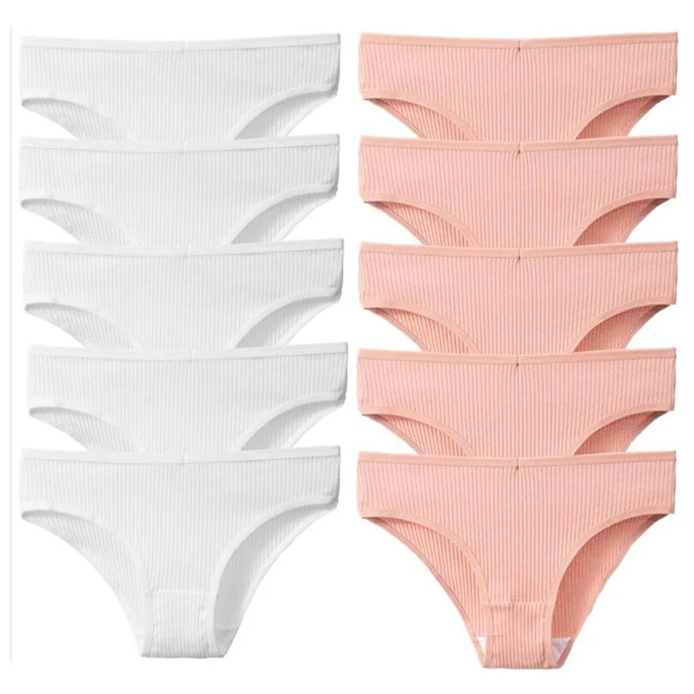 10Pcs/Pack 100% Cotton Women's Panties Comfortable Sexy Underwear Solid Color Stripe Briefs Simple Sports Underpants