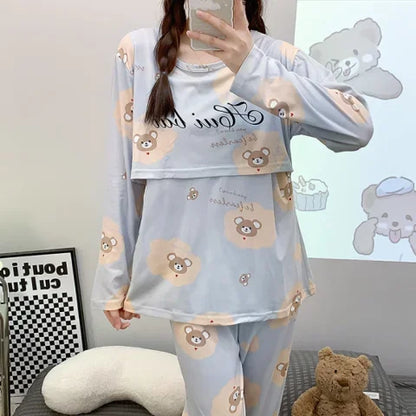 Postpartum woman lactation pajamas set autumn nursing leisurewear cartoon pregnant maternity breastfeeding tops long trousers