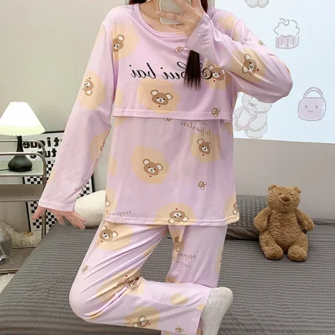 Postpartum woman lactation pajamas set autumn nursing leisurewear cartoon pregnant maternity breastfeeding tops long trousers