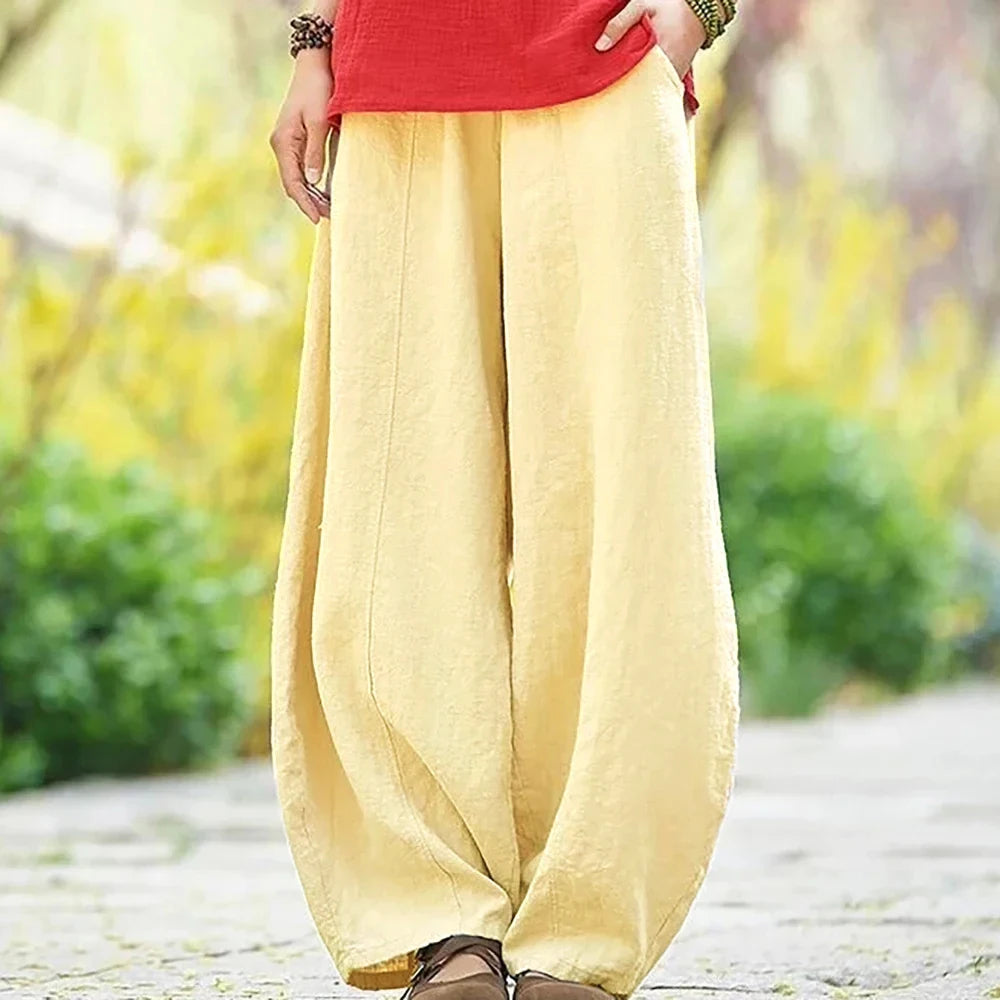 Spring Summer Cotton Linen Style Bloomers Wide Leg Pants Women Vintage Full Length Elegent Pants Solid Elasitic Waist S-5XL