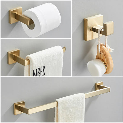 Senlesen Golden Bathroom Accessories Sets 4pcs Wall Mount Towel Bar Robe Hooks Toilet Paper Roll Holder Stainless Steel Hardware