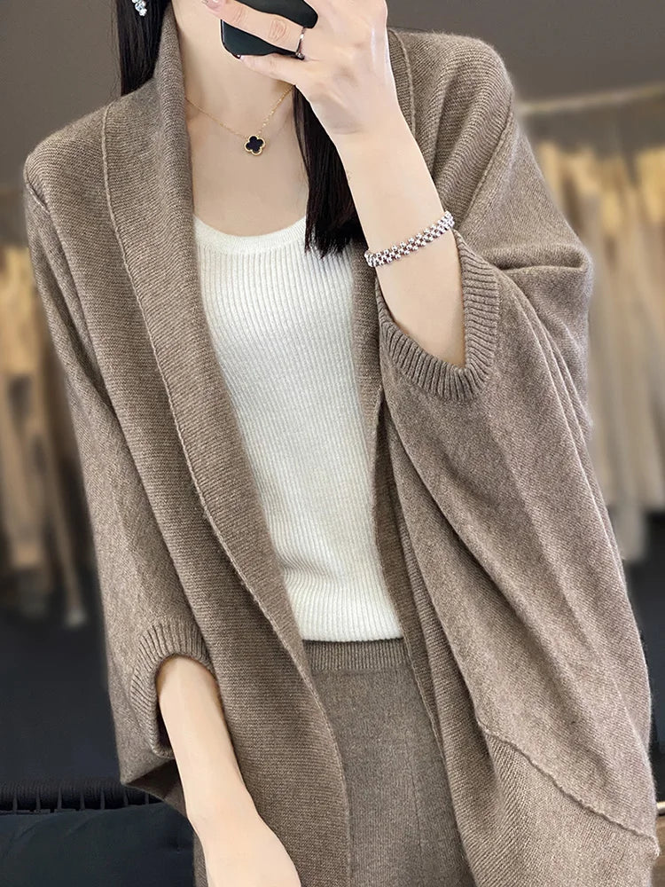 Autumn And Winter Loose Womens Clothing 100% Wool Cardigans Warm Soft Long Sleeve Female Sweaters Fashion Shawl