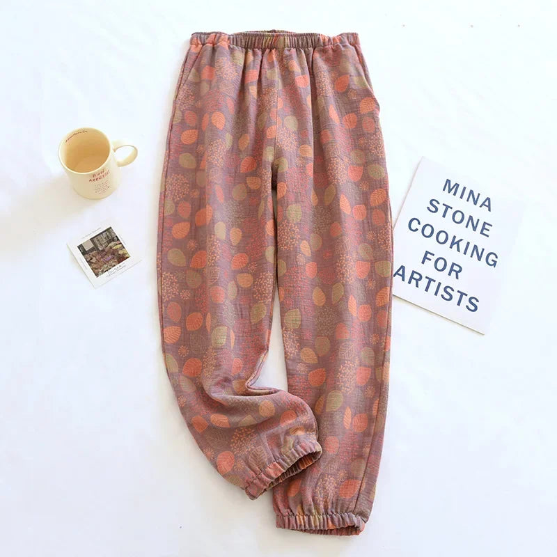 Spring Summer Women's Pajamas 100% Cotton Crepe Pants Women's Comfortable Loose Large Leaf Home Pants Thin bottoms