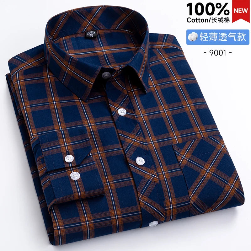 New Men's Shirts Long Sleeve Fashion 100% Pure Cotton Soft Comfortable Thin Plaid Young Casual Social Shirt Clothing S-8XL