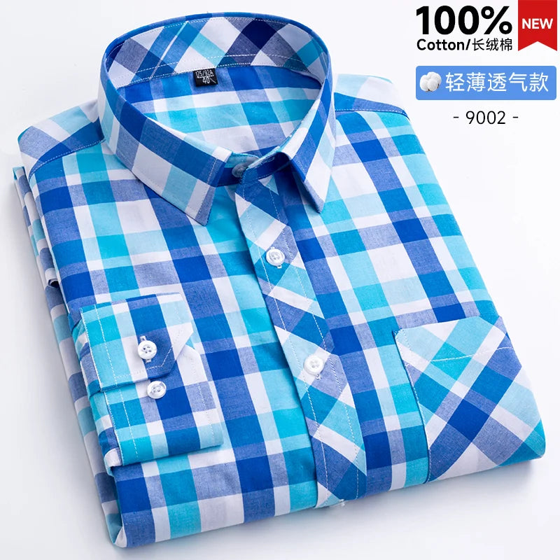 New Men's Shirts Long Sleeve Fashion 100% Pure Cotton Soft Comfortable Thin Plaid Young Casual Social Shirt Clothing S-8XL