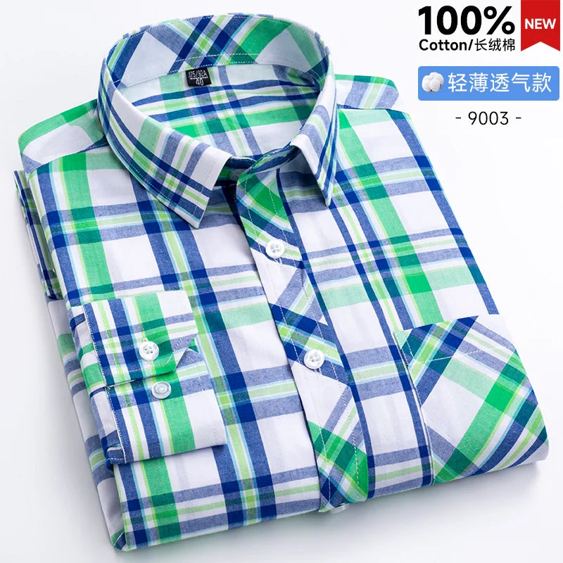 New Men's Shirts Long Sleeve Fashion 100% Pure Cotton Soft Comfortable Thin Plaid Young Casual Social Shirt Clothing S-8XL