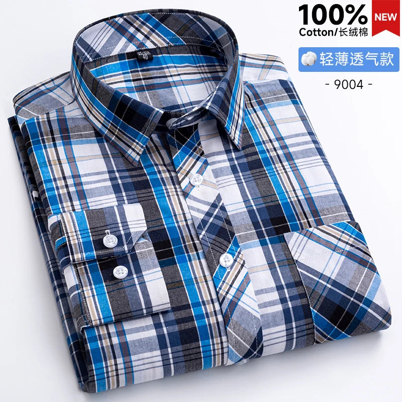 New Men's Shirts Long Sleeve Fashion 100% Pure Cotton Soft Comfortable Thin Plaid Young Casual Social Shirt Clothing S-8XL