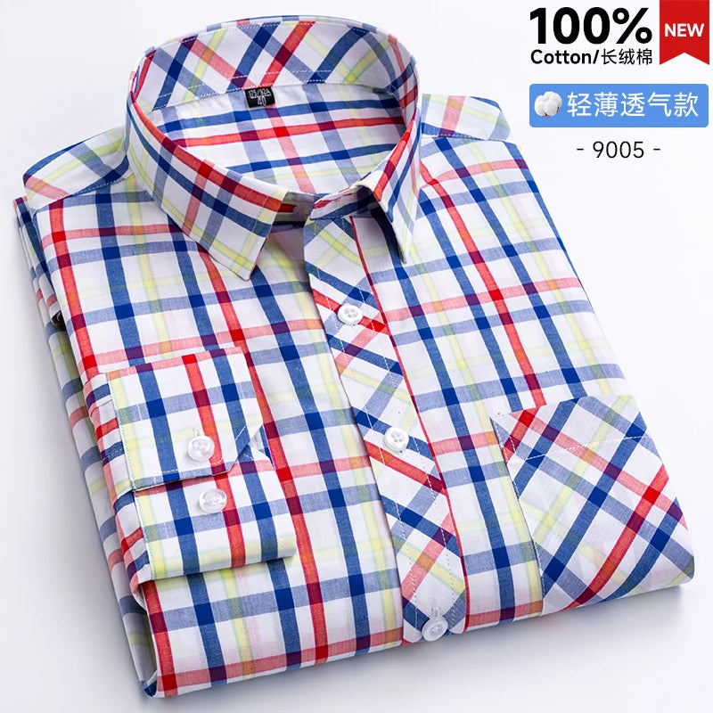 New Men's Shirts Long Sleeve Fashion 100% Pure Cotton Soft Comfortable Thin Plaid Young Casual Social Shirt Clothing S-8XL