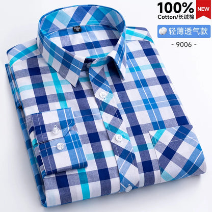 New Men's Shirts Long Sleeve Fashion 100% Pure Cotton Soft Comfortable Thin Plaid Young Casual Social Shirt Clothing S-8XL