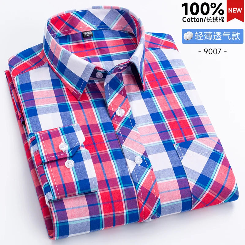 New Men's Shirts Long Sleeve Fashion 100% Pure Cotton Soft Comfortable Thin Plaid Young Casual Social Shirt Clothing S-8XL