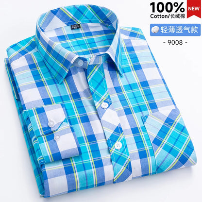 New Men's Shirts Long Sleeve Fashion 100% Pure Cotton Soft Comfortable Thin Plaid Young Casual Social Shirt Clothing S-8XL