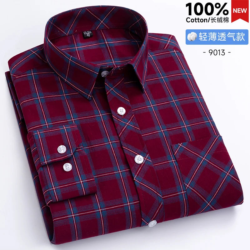 New Men's Shirts Long Sleeve Fashion 100% Pure Cotton Soft Comfortable Thin Plaid Young Casual Social Shirt Clothing S-8XL