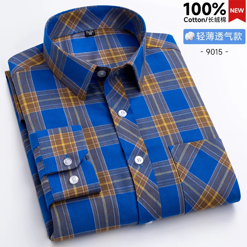 New Men's Shirts Long Sleeve Fashion 100% Pure Cotton Soft Comfortable Thin Plaid Young Casual Social Shirt Clothing S-8XL