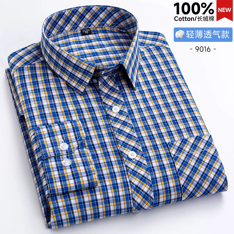 New Men's Shirts Long Sleeve Fashion 100% Pure Cotton Soft Comfortable Thin Plaid Young Casual Social Shirt Clothing S-8XL