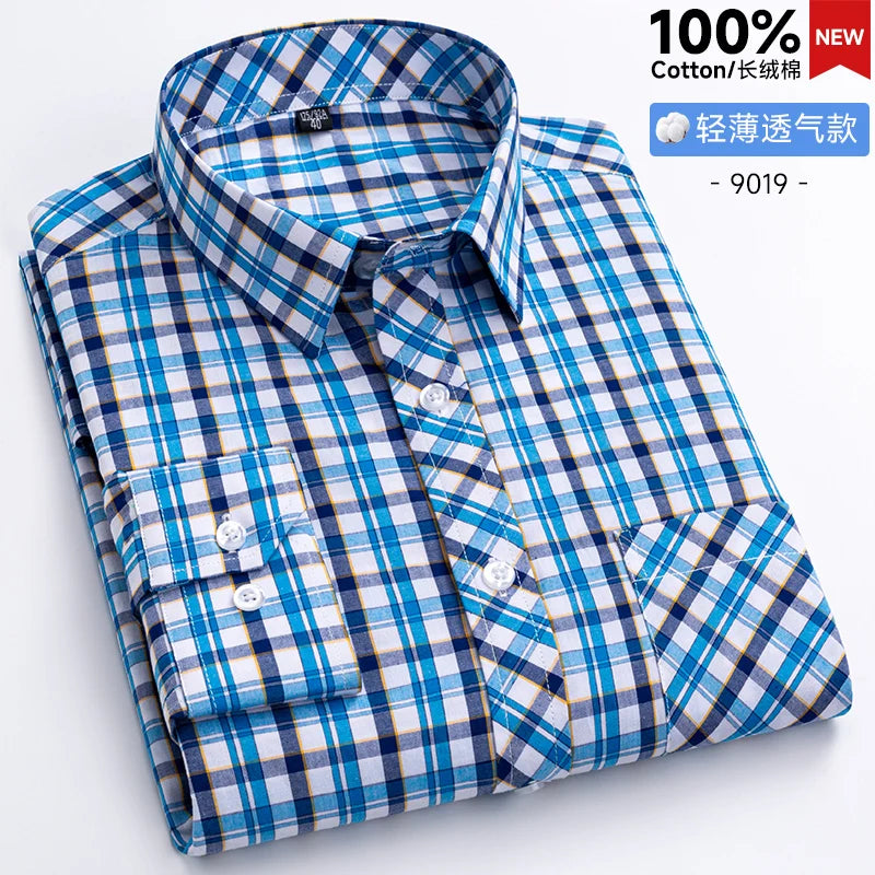 New Men's Shirts Long Sleeve Fashion 100% Pure Cotton Soft Comfortable Thin Plaid Young Casual Social Shirt Clothing S-8XL