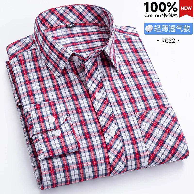 New Men's Shirts Long Sleeve Fashion 100% Pure Cotton Soft Comfortable Thin Plaid Young Casual Social Shirt Clothing S-8XL