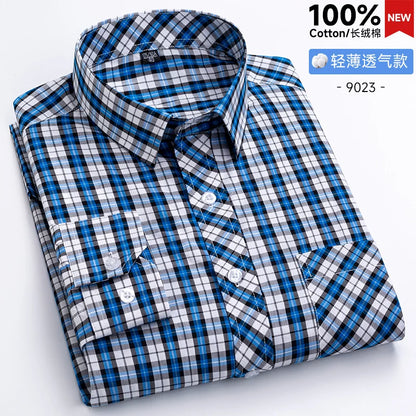 New Men's Shirts Long Sleeve Fashion 100% Pure Cotton Soft Comfortable Thin Plaid Young Casual Social Shirt Clothing S-8XL