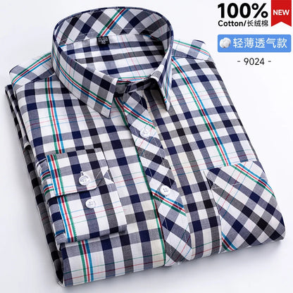 New Men's Shirts Long Sleeve Fashion 100% Pure Cotton Soft Comfortable Thin Plaid Young Casual Social Shirt Clothing S-8XL