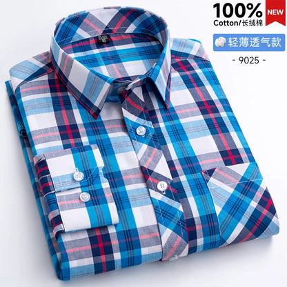 New Men's Shirts Long Sleeve Fashion 100% Pure Cotton Soft Comfortable Thin Plaid Young Casual Social Shirt Clothing S-8XL