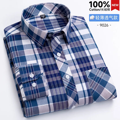 New Men's Shirts Long Sleeve Fashion 100% Pure Cotton Soft Comfortable Thin Plaid Young Casual Social Shirt Clothing S-8XL