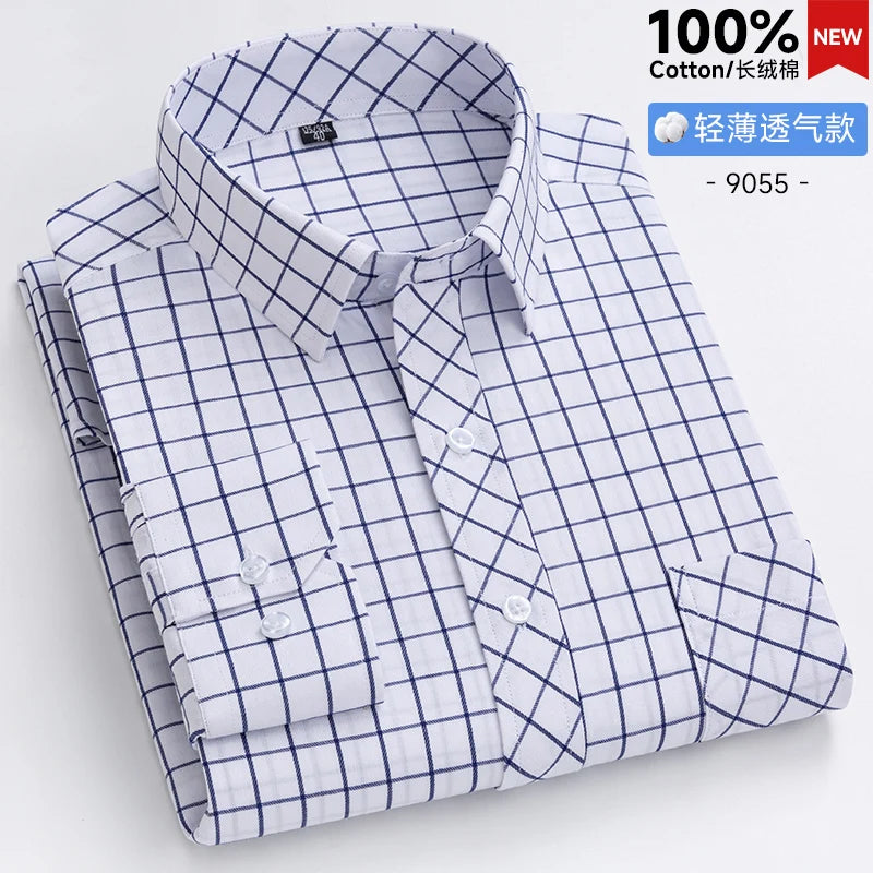 New Men's Shirts Long Sleeve Fashion 100% Pure Cotton Soft Comfortable Thin Plaid Young Casual Social Shirt Clothing S-8XL