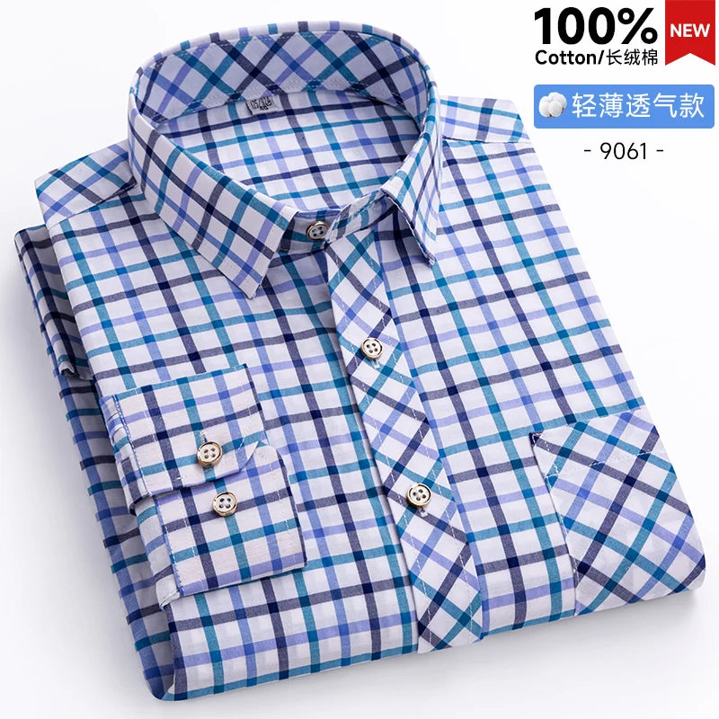 New Men's Shirts Long Sleeve Fashion 100% Pure Cotton Soft Comfortable Thin Plaid Young Casual Social Shirt Clothing S-8XL