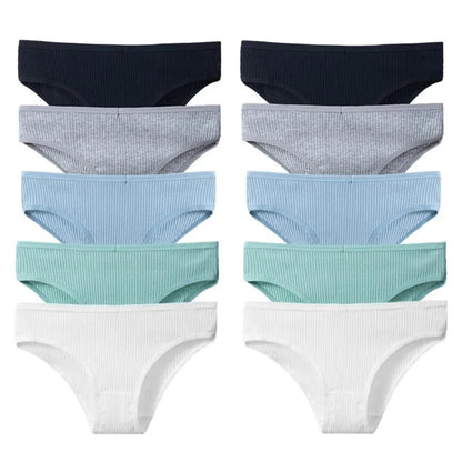 10Pcs/Pack 100% Cotton Women's Panties Comfortable Sexy Underwear Solid Color Stripe Briefs Simple Sports Underpants